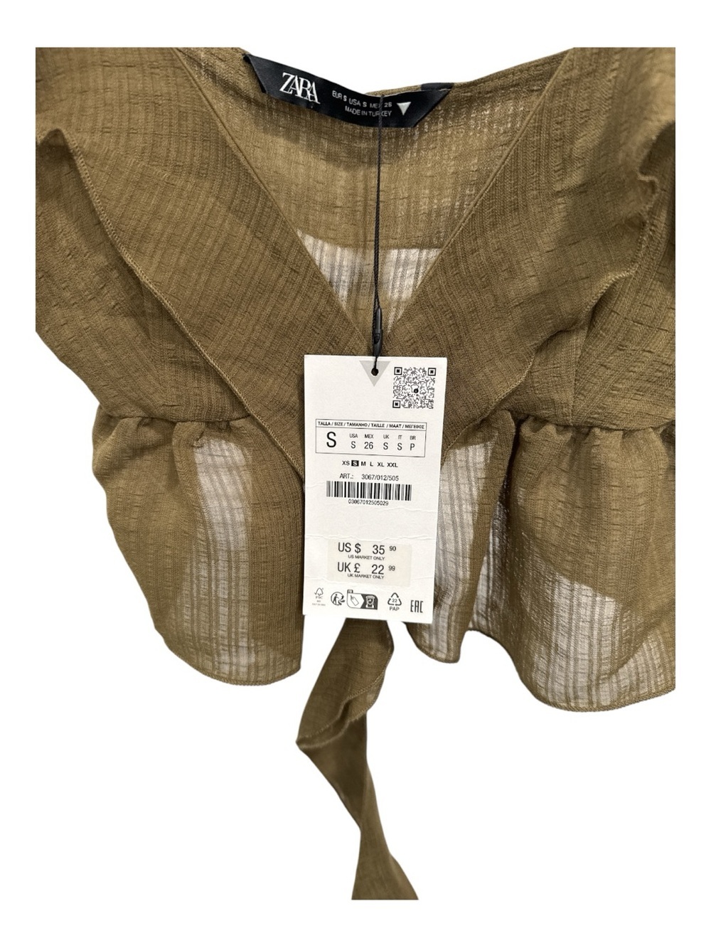 Zara Olive Ruffle Tie-Front Cami Top size S NWT - Picture 4 of 5